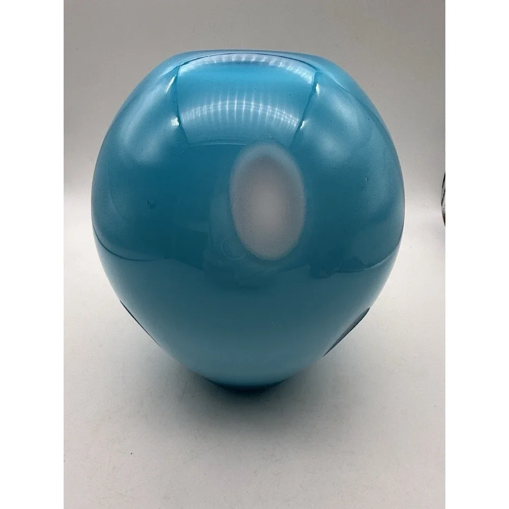 MCM Art Glass Hand Blown BLUE White Vase Modern Art w Circular Indentation 7